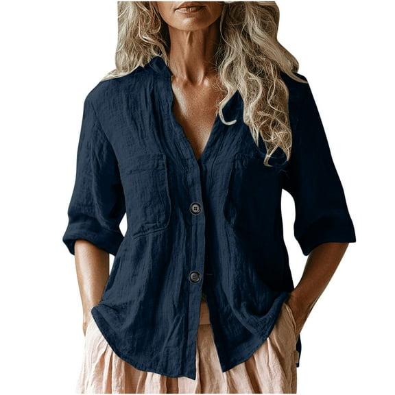 TKLPEHG Going Out Tops for Women Lapel Cotton Line Button Shirt Solid Color Lightweight Fashion Loose Comfy Shirts Casual Short Sleeve T Shirts Summer Outfits (Gray,L)