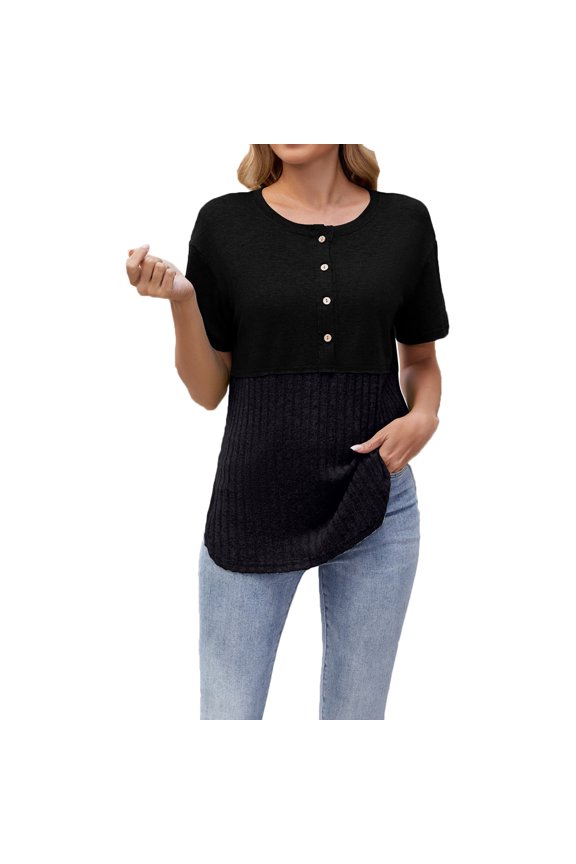 Going Out Tops for Women Summer Crew Neck Button Tunic Shirt Fashion Short Sleeve Blouses Regular Color Block Patchwork Graphic Tee Leisure Blouses (Black,L)