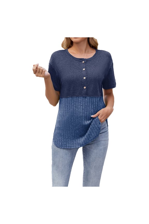 Going Out Tops for Women Summer Crew Neck Button Tunic Shirt Fashion Short Sleeve Blouses Regular Color Block Patchwork Graphic Tee Leisure Blouses (Blue,L)