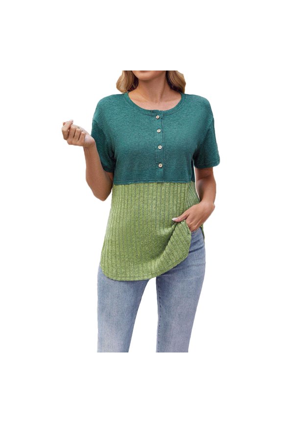 Going Out Tops for Women Summer Crew Neck Button Tunic Shirt Fashion Short Sleeve Blouses Regular Color Block Patchwork Graphic Tee Leisure Blouses (Green,L)