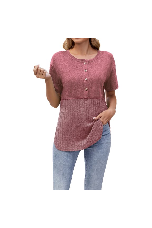 Going Out Tops for Women Summer Crew Neck Button Tunic Shirt Fashion Short Sleeve Blouses Regular Color Block Patchwork Graphic Tee Leisure Blouses (Pink,S)