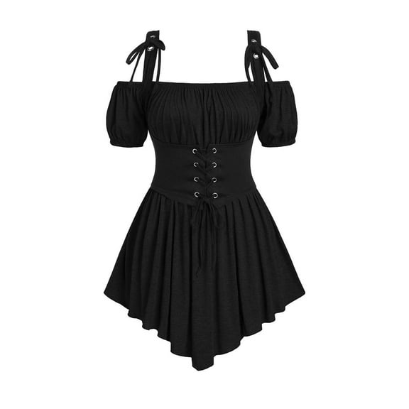 TKLPEHG Gothic Shirts for Women Short Sleeve Steampunk Corset Medieval Off The Shoulder Puff Sleeve Blouse Lace Up Tops (Black,XXL)