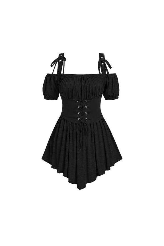 Gothic Shirts for Women Short Sleeve Steampunk Corset Medieval Off The Shoulder Puff Sleeve Blouse Lace Up Tops (Black,XXL)