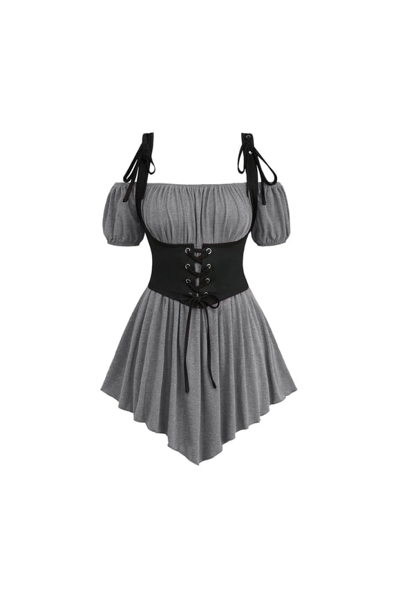 Gothic Shirts for Women Short Sleeve Steampunk Corset Medieval Off The Shoulder Puff Sleeve Blouse Lace Up Tops (Gray,XXL)
