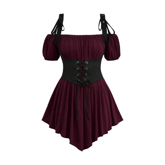 TKLPEHG Gothic Shirts for Women Short Sleeve Steampunk Corset Medieval Off The Shoulder Puff Sleeve Blouse Lace Up Tops (Wine,XXL)
