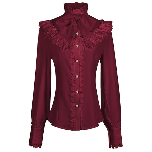 TKLPEHG Gothic Shirts for Women Vintage Lace Long Sleeve Tops Ruffled Stand Collar Bow Button Shirt Women Fall Clothes (Red,XL)