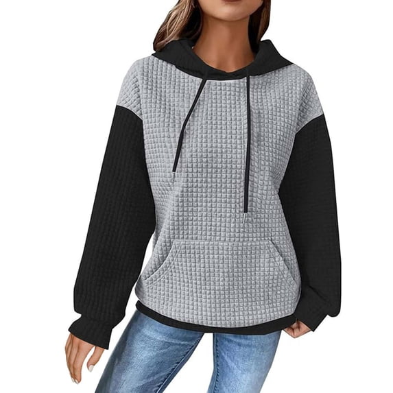 TKLPEHG Hoodie for Women Pullover with Pockets Fall Fashion Sweatshirt Casual Color Block Hoodie Long Sleeve Hooded Drawstring Pullover (Gray,L)