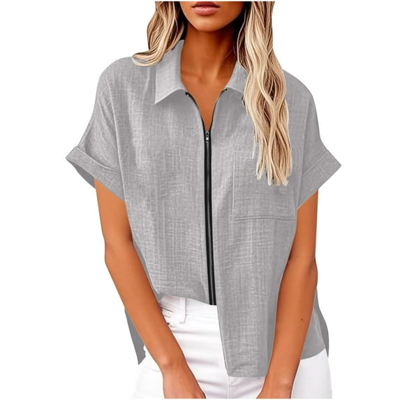 TKLPEHG Lapel Zipper Shirt Short Sleeve T Shirts Classic Solid Color Fashion Casual Loose Lightweight Comfy Blouses (Gray,L)