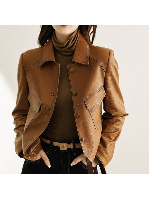 Leather Jacket Women Cropped Vintage Faux Leather Jackets Long Sleeve Button Lapel Coats Spring Fall Fashion Coats (Brown,XL)