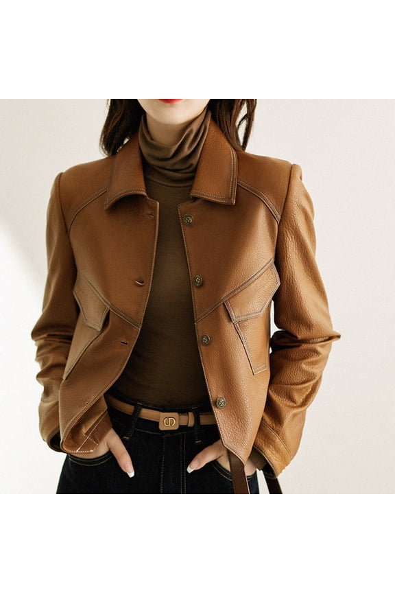Leather Jacket Women Cropped Vintage Faux Leather Jackets Long Sleeve Button Lapel Coats Spring Fall Fashion Coats (Brown,XL)