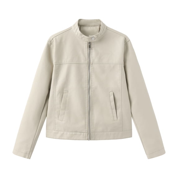 TKLPEHG Leather Jackets for Women Long Sleeve Zip Up Motorcycle Jackets Stand Collar Leather Coat Overcoat with Pockets (Beige,XXL)
