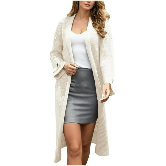 TKLPEHG Long Cardigan Sweaters for Women Casual Dressy Outerwear Knit Plain Sweater Open Front Button Cardigan (Beige,L)