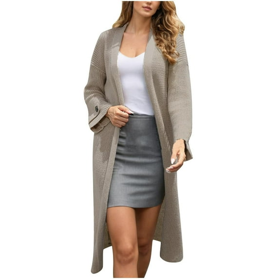 TKLPEHG Long Cardigan Sweaters for Women Casual Dressy Outerwear Knit Plain Sweater Open Front Button Cardigan (Khaki,XXL)