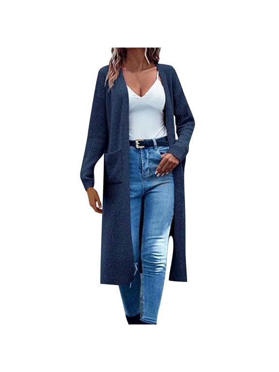 Long Cardigan Sweaters for Women Fall Fashion Open Front Long Sleeve Oversized Casual Coat with Pockets (Navy,L)