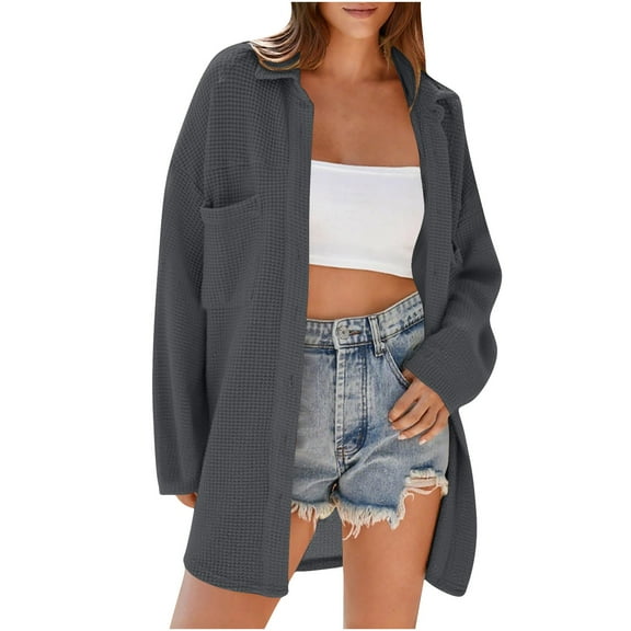 TKLPEHG Long Cardigans for Women Drop Shoulder Long Sleeve Lapel Cardigan Coats Solid Color Loose Cardigan Fall Jackets (Dark Gray,M)