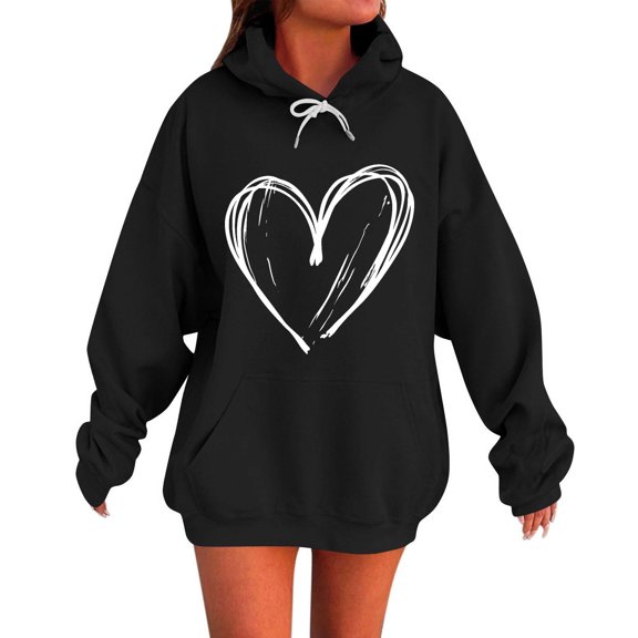 TKLPEHG Long Hoodies for Wome Heart Print Hooded Graphic Hoodies Fashion Fall Sweatshirts Long Sleeve Casual Drawstring Pullover (Black,XXXXL)