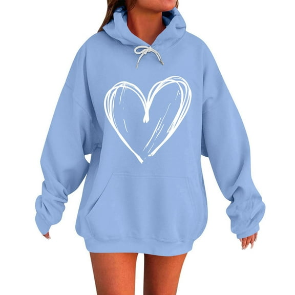 TKLPEHG Long Hoodies for Wome Heart Print Hooded Graphic Hoodies Fashion Fall Sweatshirts Long Sleeve Casual Drawstring Pullover (Light Blue,XXXXL)
