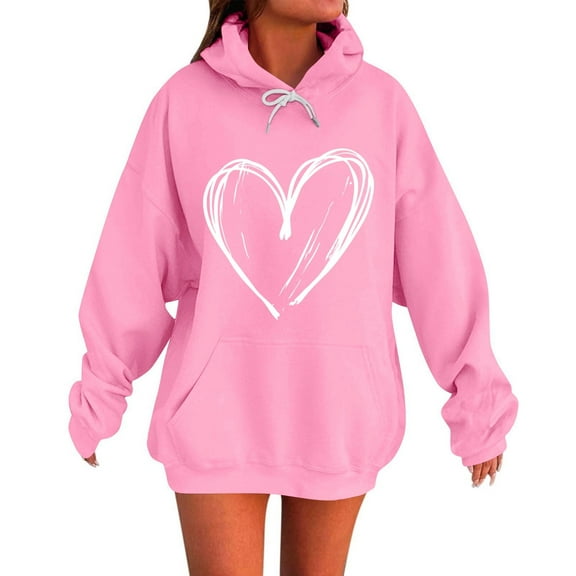TKLPEHG Long Hoodies for Wome Heart Print Hooded Graphic Hoodies Fashion Fall Sweatshirts Long Sleeve Casual Drawstring Pullover (Pink,XXXXL)