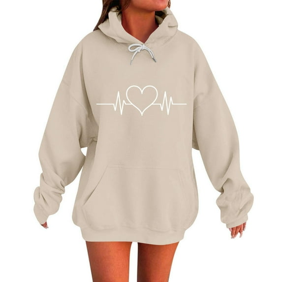 TKLPEHG Long Hoodies for Women Fall Sweatshirts Heart Print Graphic Hoodies Casual Long Sleeve Loose Hooded Sweatshirts with Pockets (Khaki,XL)
