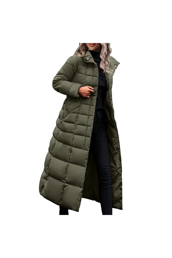 Long Puffer Jackets for Women Winter Thickened Maxi Parka Puffer Coat Casual Long Sleeve Zipper Coat Outerwear (Army Green,L)