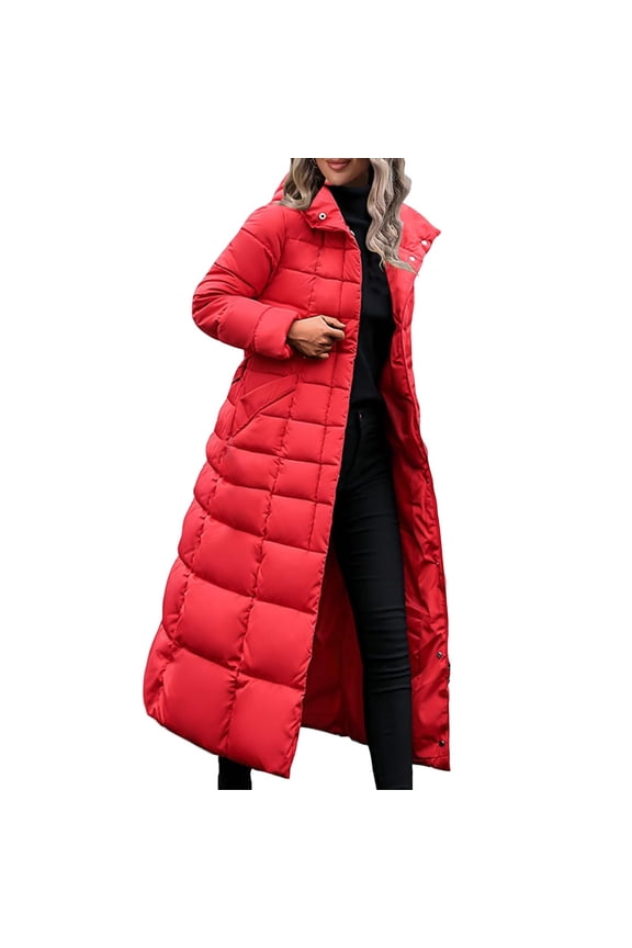 Long Puffer Jackets for Women Winter Thickened Maxi Parka Puffer Coat Casual Long Sleeve Zipper Coat Outerwear (Red,L)