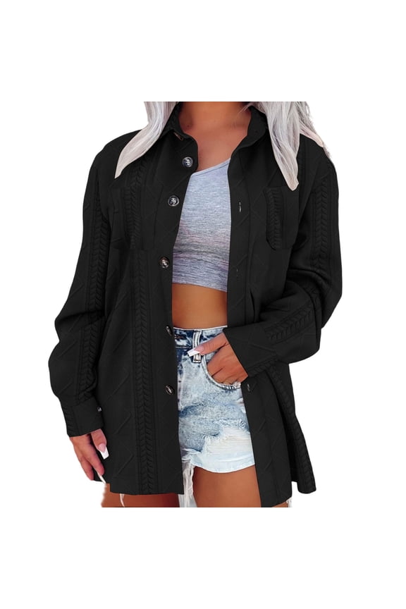 Long Sleeve Button Up Shirts for Women Jacket Spring Fashion Clothes Casual Lapel Comfy Loose Jacket (Black,XXL)