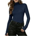 thumbnail image 1 of TKLPEHG Long Sleeve Fitted Tops for Women Turtleneck Stretch Slim Basic Underwear Solid Color Ladies Tops Soft Crew Neck Spring Lightweight Shirt (Navy,L), 1 of 9