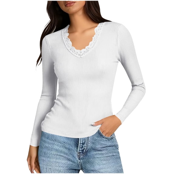 TKLPEHG Long Sleeve Shirts for Women Fitted Lace Patchwork Slim-Fit Soft Stretch T-Shirt Solid Color Spring Lightweight Ladies Tops Soft V-Neck Shirt (White,XL)