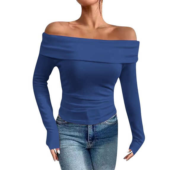 TKLPEHG Long Sleeve Shirts for Women Crew Neck Slim Off Shoulder Top Casual Fashion Solid Color Fall Tops Comfy Lightweight Pullover (Blue,XL)