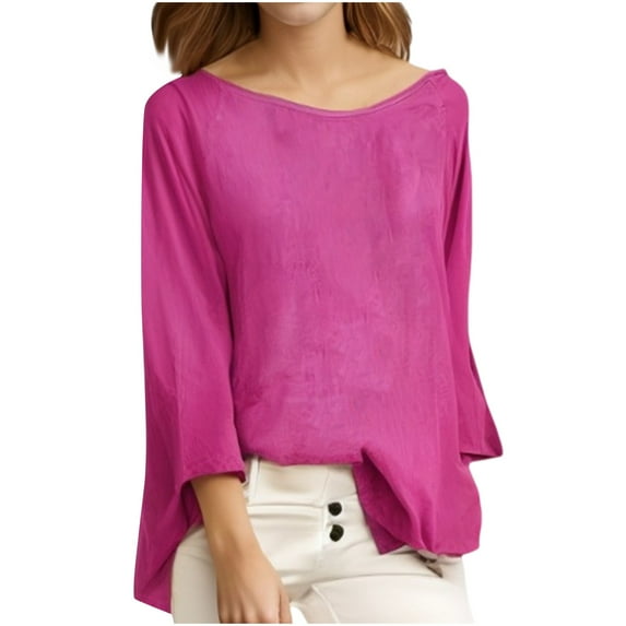 TKLPEHG Long Sleeve Shirts for Women Crew Neck Tunic Tops Casual Fashion Lightweight Loose Classic Solid Color Blouses (Hot Pink,M)
