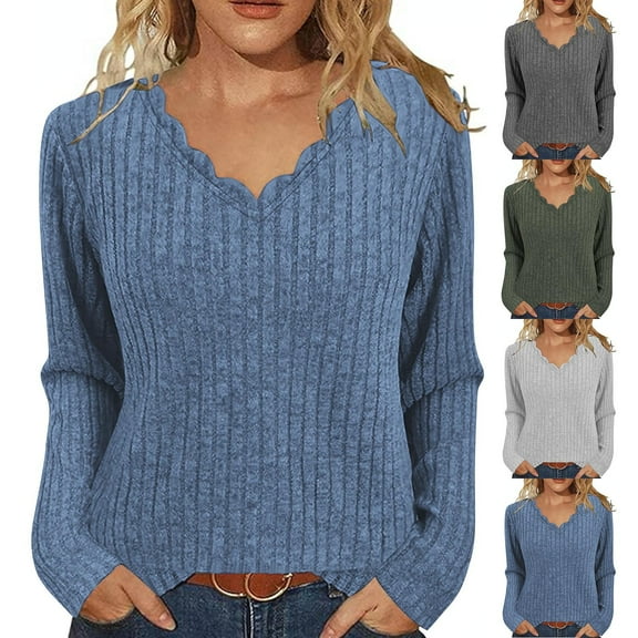 TKLPEHG Long Sleeve Shirts for Women Fall Fashion Ribbed Knit V Neck Pullover Sweaters Business Casual Loose Tunic Tops (Army Green,L)