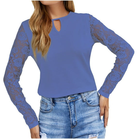 TKLPEHG Long Sleeve Shirts for Women Lace Patchwork Fall Shirts Keyhole Neck Tunic Tops Business Casual Loose Blouses (Blue,S)