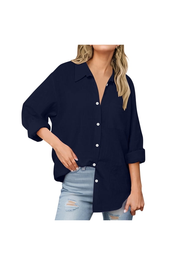 Long Sleeve Shirts for Women Lapel Cotton Linen Shirt Summer Solid Color Going Out Tops Casual Loose Shirts Fashion Blouses (Navy,XXXXXL)