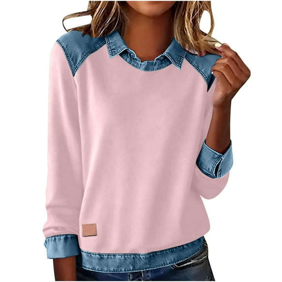 TKLPEHG Long Sleeve Shirts for Women Lapel Denim Patchwork Stitching Pullover Sweatshirt Spring Clothing Casual Comfy Lightweight Tops (Pink,L)