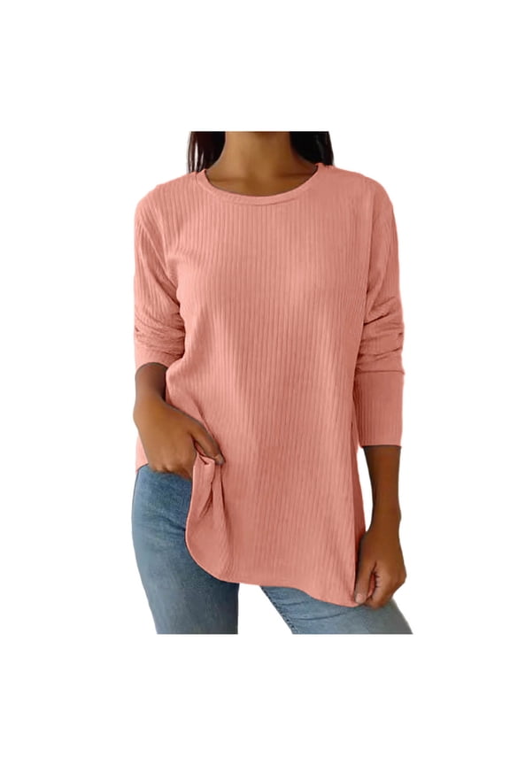 Long Sleeve Shirts for Women Solid Color Crewneck Tunic Tops Casual Fashion Clothing Basic Loose Fit Tshirts (Pink,XXL)
