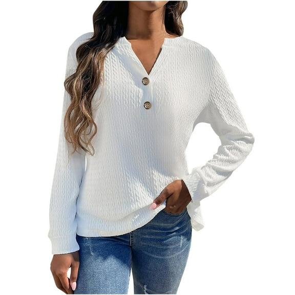 TKLPEHG Long Sleeve Shirts for Women V Neck Button Tunic Tops Lightweight Classic Solid Color Loose Casual Fashion Blouses (White,L)