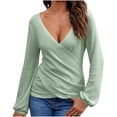 thumbnail image 1 of TKLPEHG Long Sleeve Shirts for Women V Neck Pleated Knit Shirt Lightweight Loose Classic Solid Color Casual Fashion Blouses (Green,XL), 1 of 7