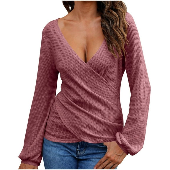 TKLPEHG Long Sleeve Shirts for Women V Neck Pleated Knit Shirt Lightweight Loose Classic Solid Color Casual Fashion Blouses (Pink,L)