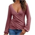 thumbnail image 1 of TKLPEHG Long Sleeve Shirts for Women V Neck Pleated Knit Shirt Lightweight Loose Classic Solid Color Casual Fashion Blouses (Pink,XL), 1 of 7