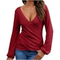 thumbnail image 1 of TKLPEHG Long Sleeve Shirts for Women V Neck Pleated Knit Shirt Lightweight Loose Classic Solid Color Casual Fashion Blouses (Red,S), 1 of 7
