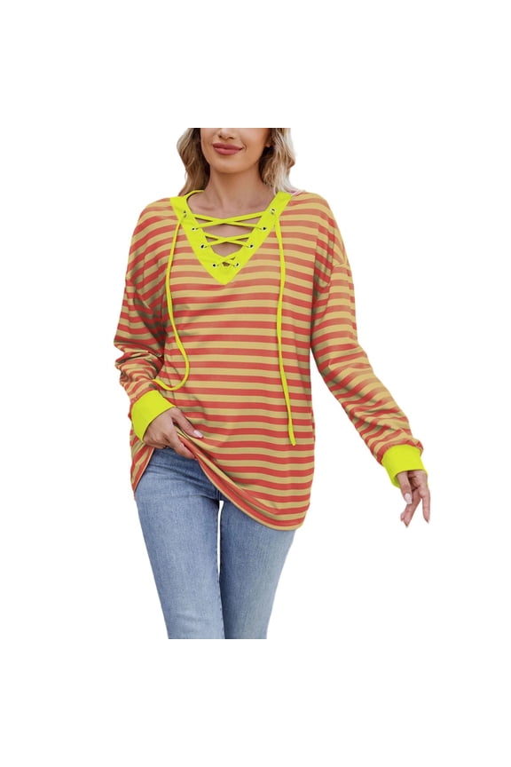 Long Sleeve Shirts for Women V Neck Striped Tops Casual Loose Fit Color Block Fall Pullover Clothes (Orange,S)