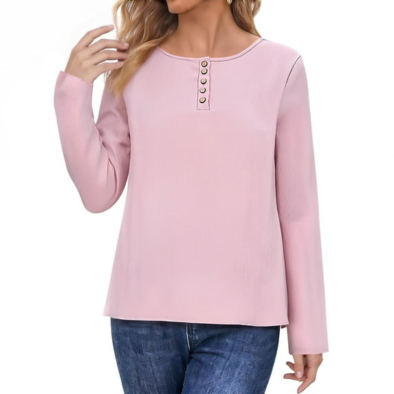 TKLPEHG Long Sleeve Tee Shirts for Women Loose Fit Button Basic Tshirts Casual Comfy Regular Crew Neck Solid Color Clothes (Pink,XXL)