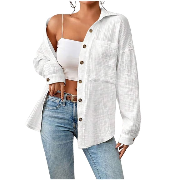 TKLPEHG Long Sleeve Tops for Women Lapel Button Shirt with Pocket Fall Tops Fashion Solid Color Lightweight Casual Loose Comfy Blouses Pullover (White,S)