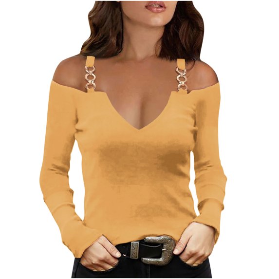 TKLPEHG Long Sleeve Tops for Women V-Neck Cold Shoulder Tops Solid Color Casual Fall Tops Comfy Lightweight Loose Fashion Blouses Pullover (Yellow,XXL)