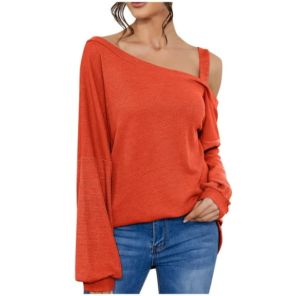 TKLPEHG Long Sleeve Tops for Women Cold Shoulder Tops Lightweight Classic Solid Color Loose Fashion Casual Blouses (Orange,L)