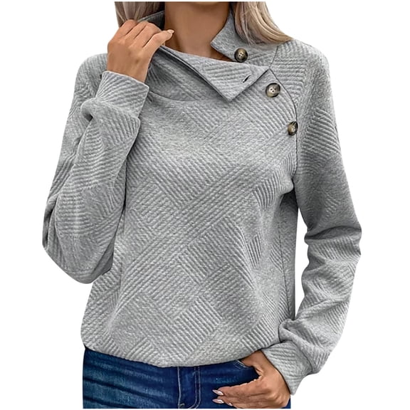 TKLPEHG Long Sleeve Tops for Women Crew Neck Button Pullover Fashion Solid Color Fall Tops Casual Comfy Lightweight Loose Pullover (Gray,XXL)