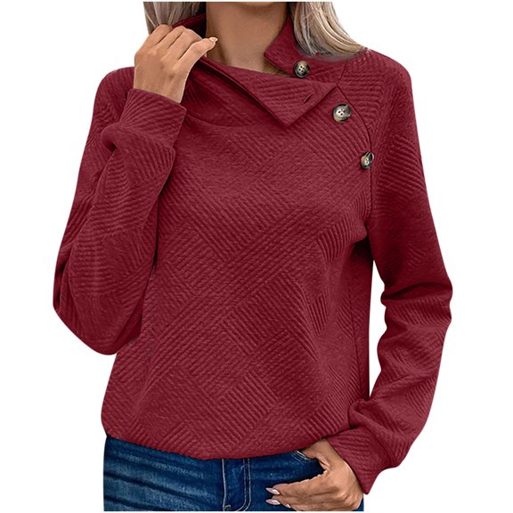 TKLPEHG Long Sleeve Tops for Women Crew Neck Button Pullover Fashion Solid Color Fall Tops Casual Comfy Lightweight Loose Pullover (Wine,M)