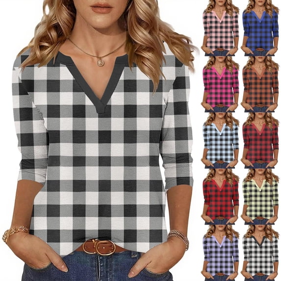 TKLPEHG Long Sleeve Tops for Women Fashion V Neck Plaid Print Tunic Shirts Casual Loose Women Tops Trendy Fall Clothes (Black,L)