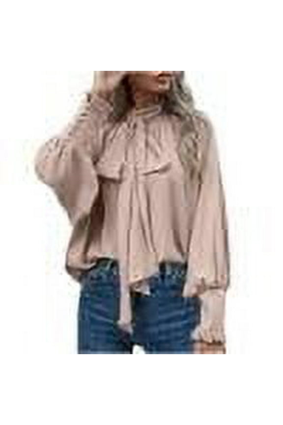 Long Sleeve Tops for Women High Neck Elegant Shirts Lightweight Fashion Loose Casual Classic Solid Color Blouses (Beige,S)