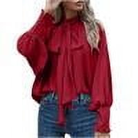 TKLPEHG Long Sleeve Tops for Women High Neck Elegant Shirts Lightweight Fashion Loose Casual Classic Solid Color Blouses (Red,XL)